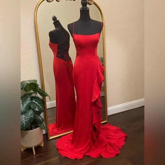 La Femme Jovanni 28294 Lace-up Open Back Ruffle High-Low Dress Size 6